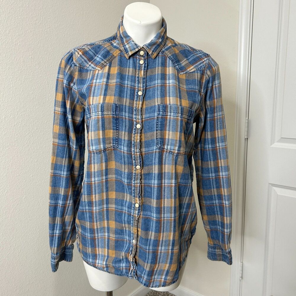 American Eagle Plaid Flannel Shirt Medium Blue Western Snap Button Boyfriend Fit